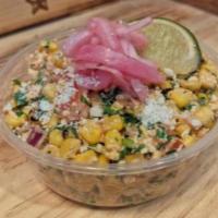 Corn Salad (Esquites) · Charred Corn & Pico de Gallo mixed with Spicy Mayo, Fresh Lime  and Cotija Cheese