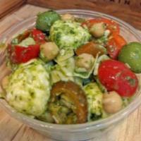 Pesto Pasta Salad · Rotini Pasta, Artichoke Hearts, Chickpeas, Nicoise Olives, Red Bell Pepper & Mozzarella mixe...