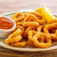 Calamari Rings · Battered and fried squid, served with a spicy cocktail sauce.