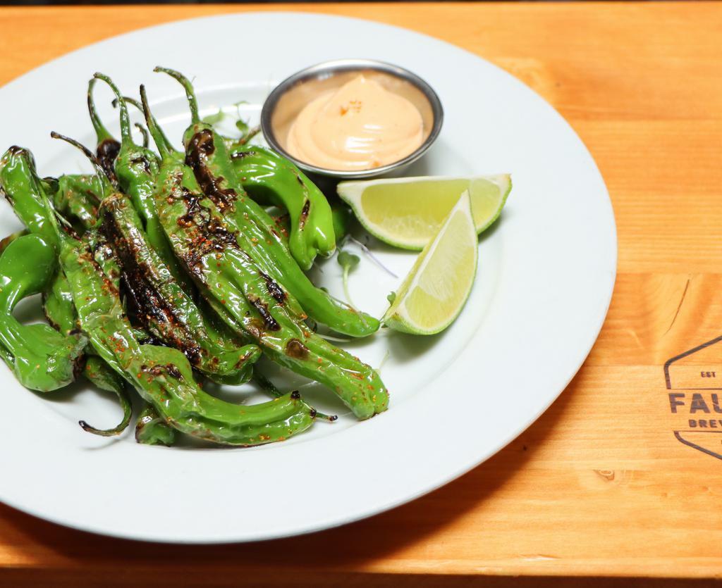 Blistered Shishitos · Tossed with togarashi spices served with sriracha aioli