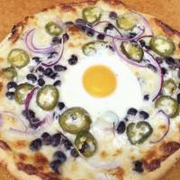 Huevos Rancheros · Black beans, jalapenos, red onions, cheese, egg, finished with sour cream and cilantro