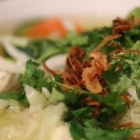 Veggie Pho (Vegan) · Vegan, gluten-free. No meat product. Aromatic vegetable broth topped with tofu, broccoli, ca...