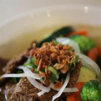 Soy Beef Pho (Vegan) · Vegan, gluten-free. No meat product. Aromatic vegetable broth topped with tofu, broccoli, ca...