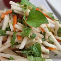 Jicama Salad (Choice of Chicken or Shrimp).) · Gluten-free. Julienne fresh  Jicama, carrots, slices of red onions, mixed with Vietnamese ex...
