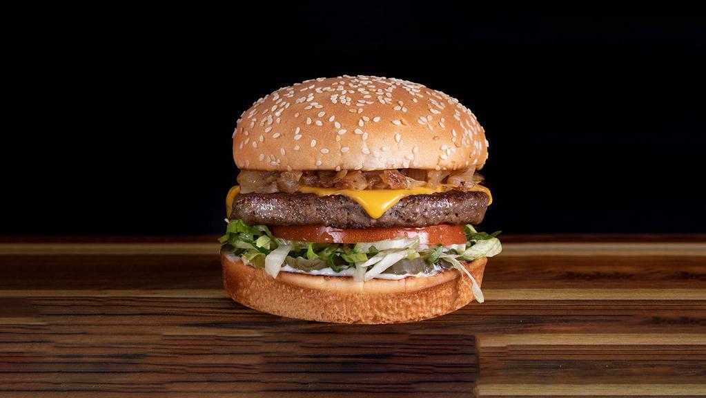 Original Impossible (Tm) Burger With Cheese · A seared Impossible patty (a plant-based alternative patty) topped with caramelized onions, crisp lettuce, tomato, pickles, mayonnaise and cheese on a toasted bun. Impossible is a trademark of Impossible Foods, Inc. Used under license.