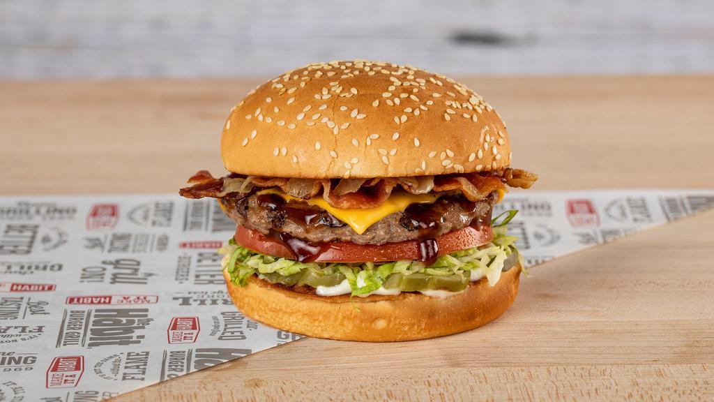 Bbq Bacon Char With Cheese · Freshly chargrilled beef patty, hickory-smoked bacon, caramelized onions, crisp lettuce, fresh tomato, mayo, and cheese on a toasted bun.