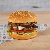 Portabella Char · Char-grilled beef patty with roasted garlic aioli and cheese. Tomato, patty, pickle, grilled...
