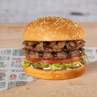 Double Char · Two freshly chargrilled beef patties, caramelized onions, crisp lettuce, fresh tomato, pickl...