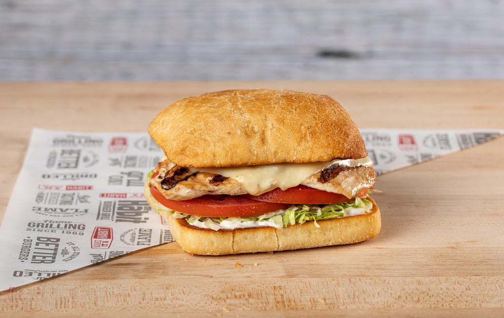 Grilled Chicken · Hand-filleted marinated chicken breast, melted cheese, crisp shredded lettuce, fresh tomatoes, mayo, and your choice of BBQ or teriyaki sauce.