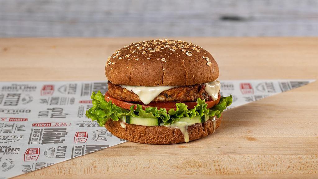 Veggie Burger With Cheese · Vegan veggie patty on a toasted wheat bun, green leaf lettuce, fresh tomatoes, and cucumbers, with sweet mustard dressing, cheese and onions. (Grilled onions are not vegetarian)