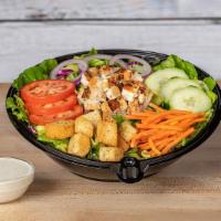 Grilled Chicken Salad · Fresh romaine, iceberg, and red leaf lettuces, roma tomatoes, cucumbers, red onions, carrots...