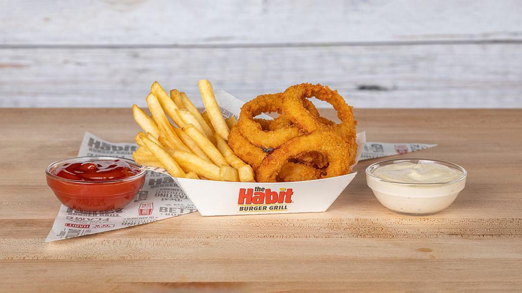 Onion Rings & Fries · Includes side of Ranch dressing and ketchup.