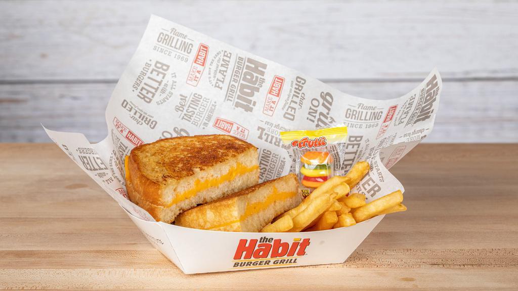 Kids Grilled Cheese · Two slices of American cheese on grilled sourdough bread.  Includes fries or applesauce, and a kids’ beverage.