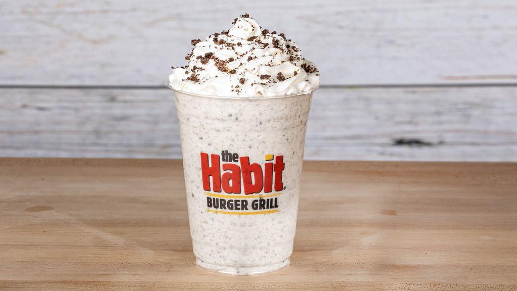 Cookies & Cream Shake · 16 oz. handcrafted and made-to-order. Blended with vanilla ice cream and chocolate cream sandwich cookies, topped with cookie crumbles and whipped cream.