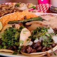 Taco Plate / Taco en Plato · Small tacos (two) with rice and beans on the side / Tacos pequeños (dos) con arroz y frijole...
