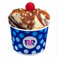 2 Scoop Sundae · Your choice of 2-2.5 oz scoops of ice cream topped with your choice of wet topping, chopped ...