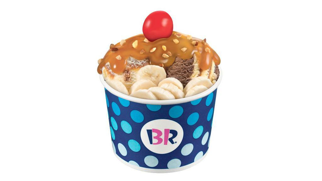 Banana Royale · Two of your favorite ice cream flavors topped off with bananas, hot fudge, chopped almonds, and a cherry.