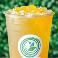 Mango Tango · Green tea infused with mango mix, topped with mango stars and chia seeds.