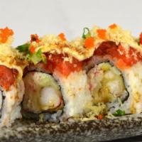 Hot Night Roll · Crabmeat, cucumber, and tempura shrimp topped with spicy tuna.