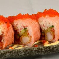Pink Lady Roll · Tempura shrimp, crab meat, spicy tuna, and cucumber wrapped in soy paper, topped with tobiko.