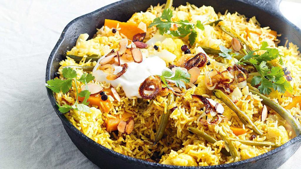 Vegetable Biryani-Michelin Stars Taste · #Vegetable #Biryani: Basmati rice infused with saffron, richly flavored with herbs and spices; cooked with farmers market seasonal vegetables or served with Raitha and spicy sauce on the side.