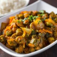Okra Masala · Farmers market fresh okra marinated with onions, tomatoes, and Indian spices.