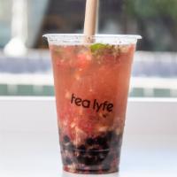 Strawberry Lychee Jasmine green  · Cold brewed loose leaf green tea (20 oz). Fresh lychee and strawberry fruit