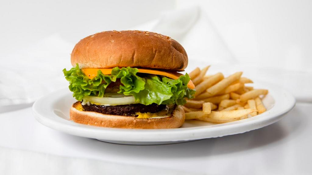 Hamburger · Beef or fish burger with fries.