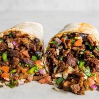 Carne Asada Burrito · Seasoned Carne Asada taco meat, brown rice, ranchero beans, shredded lettuce, pico de gallo,...