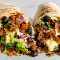 Tejano Style Burrito · Impossible ™ seasoned tex-mex style taco meat, with red rice, ranchero beans, queso sauce, s...