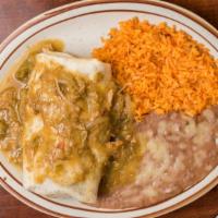 Chile Verde Burrito · Tender chunks of pork, prepared in tomatillo sauce. Flour tortilla, filled with your choice ...