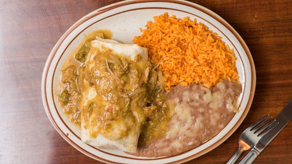 Chile Verde Burrito · Tender chunks of pork, prepared in tomatillo sauce. Flour tortilla, filled with your choice of meat served with rice and beans.