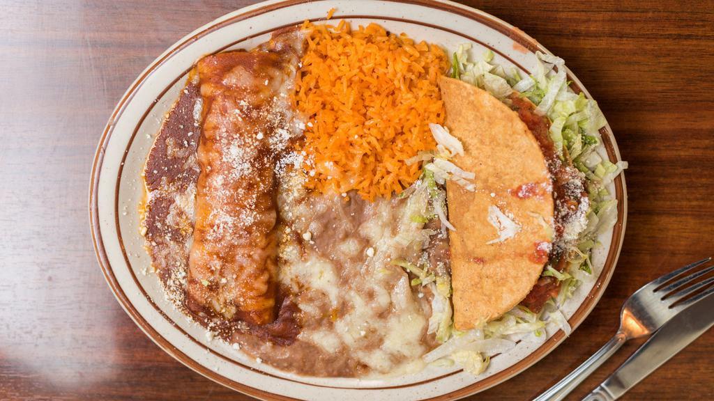 #1 Taco and Enchilada Combo · Served with rice and beans.