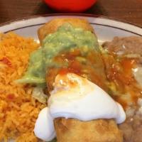 Original Chimichangas · Deep fried flour tortilla filled with your choice of meat, topped with sour cream, guacamole...