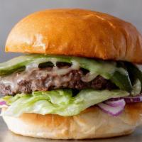 Green Chile Cheeseburger · Grilled Anaheim chile, Jack cheese, lettuce, red onion, salsa verde & charred jalapeño mayo ...