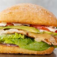 California Chicken · Chicken, grilled & served with sliced avocado, jack cheese, romaine lettuce, tomatoes, red o...