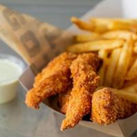 Chicken Tenders · Chicken, buttermilk-dipped, breaded, & fried crisp. Served with fries & a side of ranch.