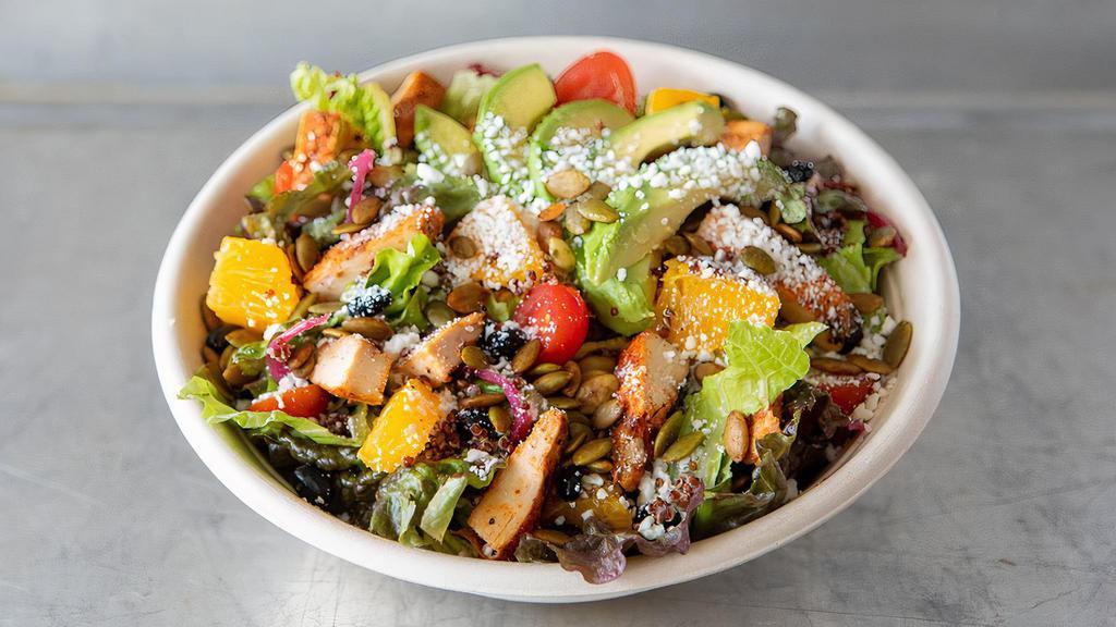 Citrus & Avocado Chop Salad · Romaine & red leaf lettuce tossed with Asado spice-rubbed chicken, cilantro-pumpkin seed dressing, oranges, tomatoes, black beans, pickled red onions & quinoa, topped with avocado, toasted pumpkin seeds & Cotija cheese.