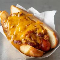 Chili Cheese Dog · With cheddar cheese & house-made chili.