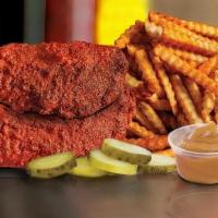 Dave'S #1:     2 Tenders W/ Fries · All tenders are served with sliced bread, pickles and a side of Dave's sauce.