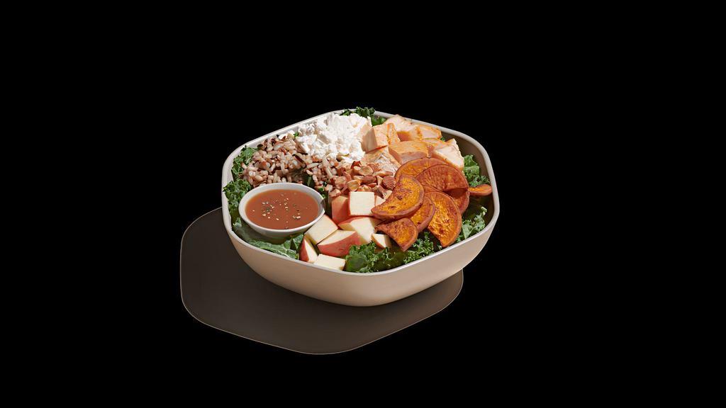 Harvest Bowl · roasted chicken, roasted sweet potatoes, apples, goat cheese, toasted almonds, warm wild rice, shredded kale, balsamic vinaigrette