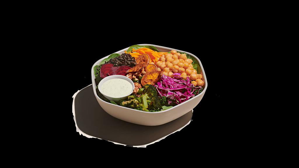 Super Green Goddess · lentils, chickpeas, roasted sweet potato, raw carrots, spicy broccoli, shredded cabbage, raw beets, toasted almonds, baby spinach, shredded kale, green goddess ranch