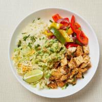 Keto Chicken Burrito Bowl · Cauliflower rice, cilantro-lime marinated chicken, roasted rainbow bell peppers with red oni...