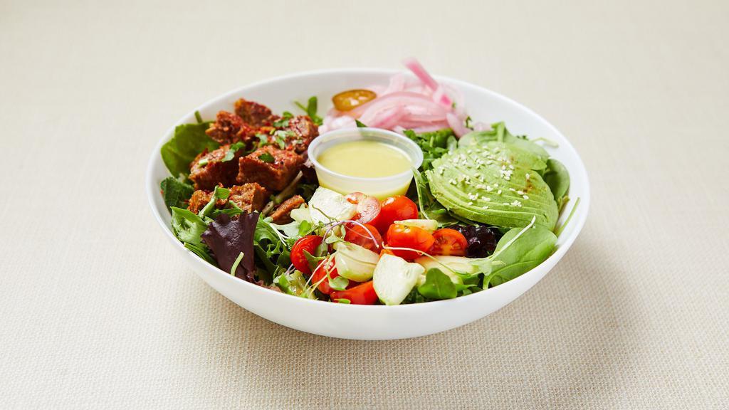 Keto Beyond Salad (V) · Mixed green salad (arugula, spinach, lettuce) served with seasoned Beyond (plant-based) meatballs, grape tomato, cucumber, parsley, avocado, pickled red onion and lemon-mustard vinaigrette. Gluten-free. Vegan.