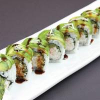 Caterpillar · Eel and cucumber, topped with avocado and eel sauce.