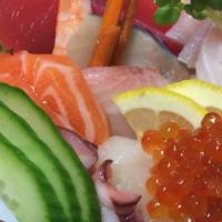 Chirashi · 10 Pc assorted fresh fishes over sushi rice.