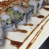 Fire Dragon · Shrimp tempura, spicy tuna roll topped with seared red tuna, Salmon, jalapeño, spicy mayo, u...