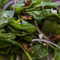 Spinach Salad · Baby spinach, red onions, applewood smoked bacon, feta cheese with balsamic vinaigrette.