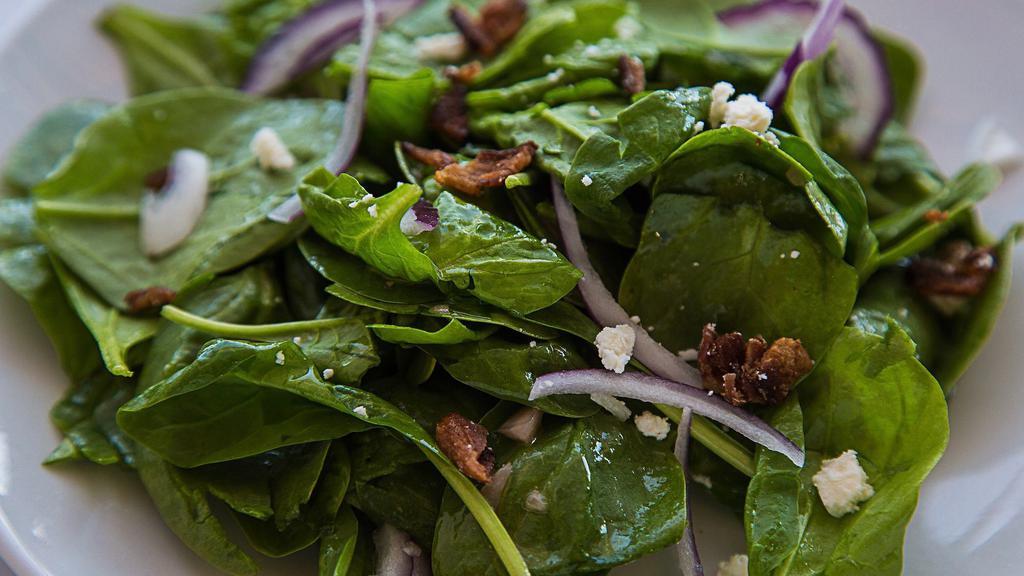 Spinach Salad · Baby spinach, red onions, applewood smoked bacon, feta cheese with balsamic vinaigrette.