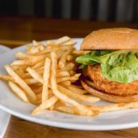 Fried Chicken Sandwich · Panko Breaded Chicken Breast, Pickles, Cheddar, Bacon Jam, Slaw on Signature Burger Bun